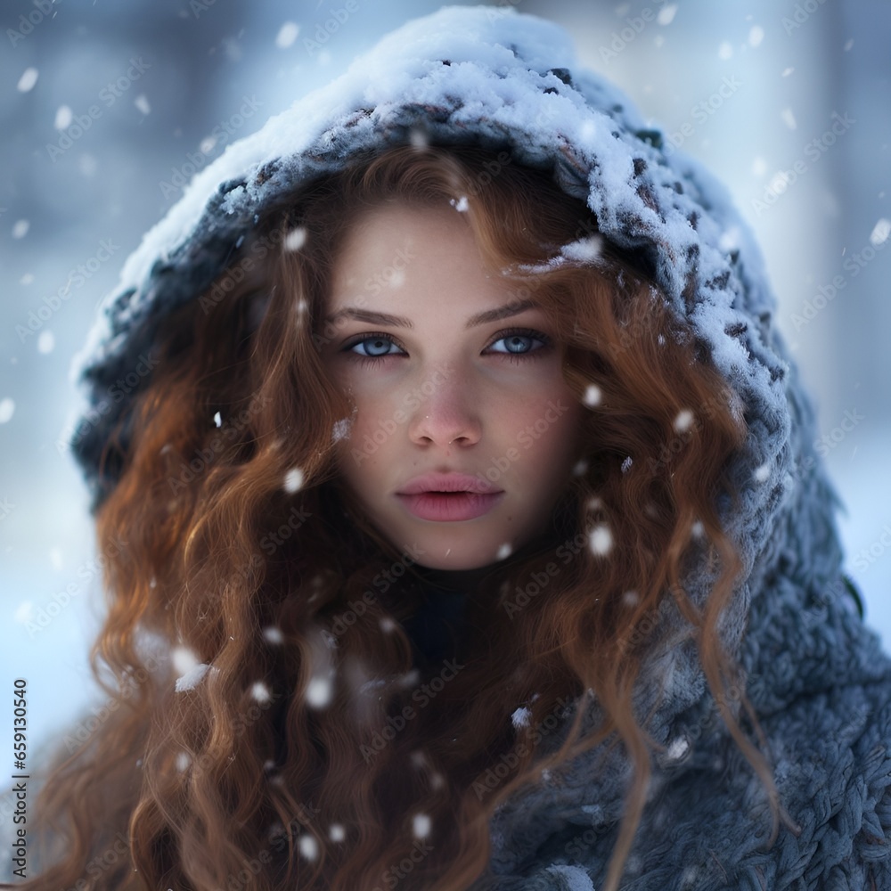 Beautiful woman surrounded by snowflakes, portrait Beautiful woman surrounded by snowflakes, portrait