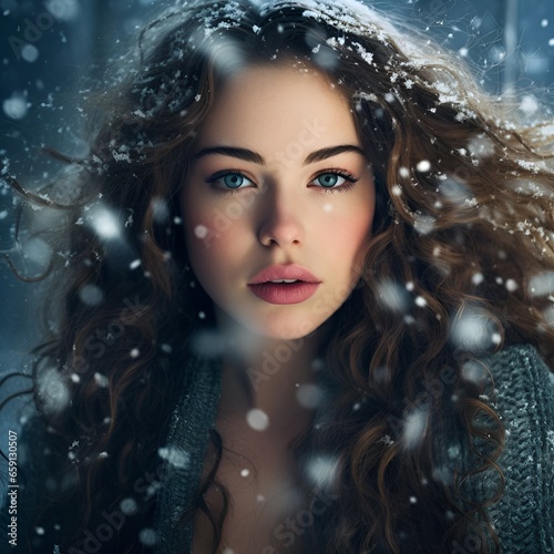 Beautiful woman surrounded by snowflakes  portrait