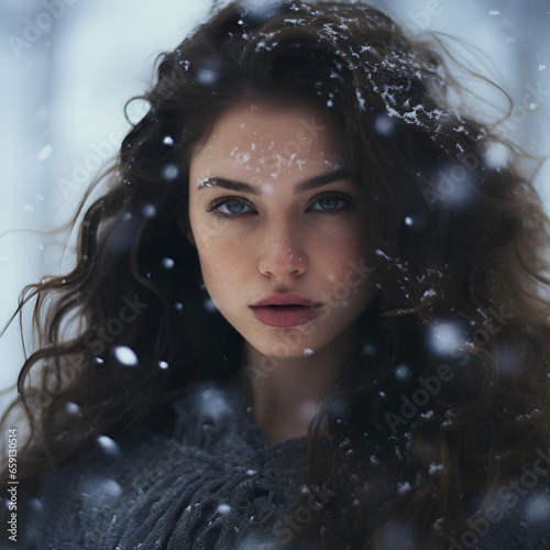 Beautiful woman surrounded by snowflakes, portrait