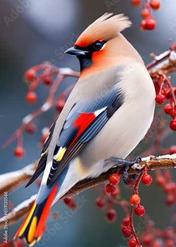 The Bohemian waxwing  with a shaggy crest atop a head, songbird, that breeds in the northern forests photo