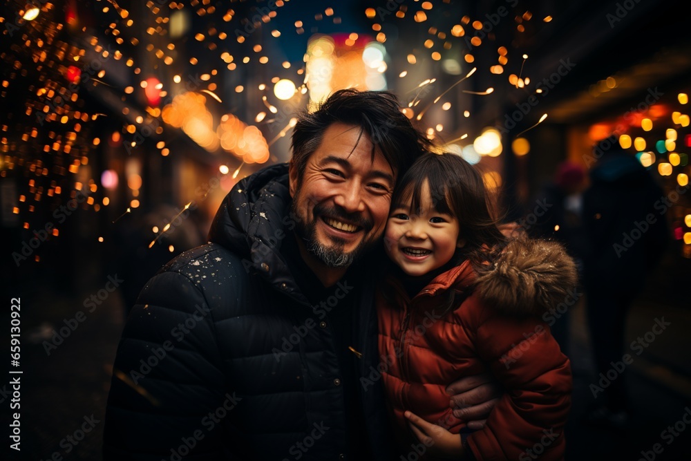 Asian father and daughter smiling and enjoying Chinese New Year in urban background under the snow