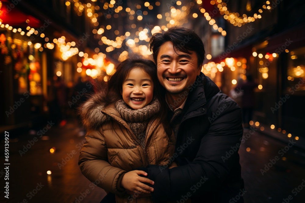 Asian father and daughter smiling and enjoying Chinese New Year in urban background