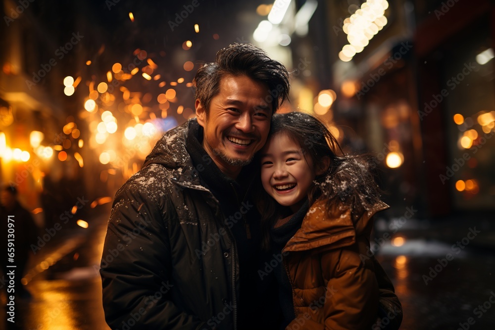 Asian father and daughter smiling and enjoying Chinese New Year under the snow
