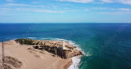 Faro de Trafalgar, aerial view of the lighthouse at a sandy headland with dunes between Los Caños de Meca and Zahora, Conil de la Frontera, Vejer de la Frontera, Costa de la Luz, Andalusia, Spain	
