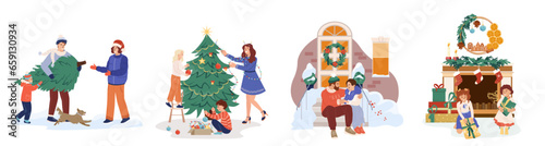 Christmas set of parents with kids celebrate at home decorate xmas tree. Happy families and couples at Christmas eve. Collection flat cartoon vector illustration on white background
