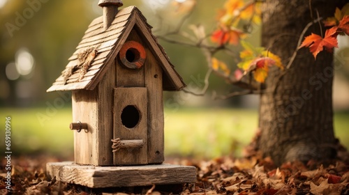 vintage charm of a weathered birdhouse in a natural habitat, a rustic addition to any garden or backyard.