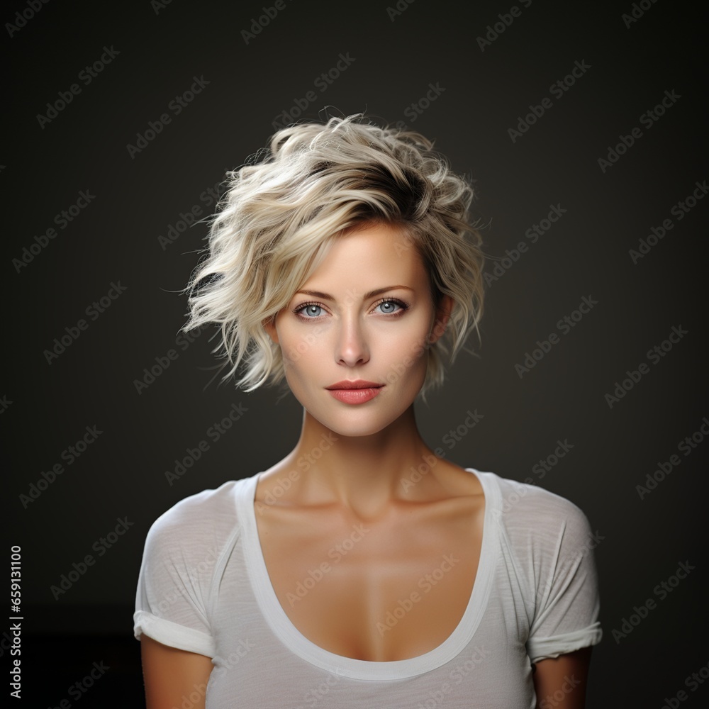 Caucasian woman with short hair and blue eyes with perfect skin on gray background copy-space Caucasian woman with short hair and blue eyes with perfect skin on gray background copy-space