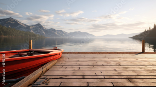 A wooden deck overlooks a lake with a bright red and white rowboat tied to a dock