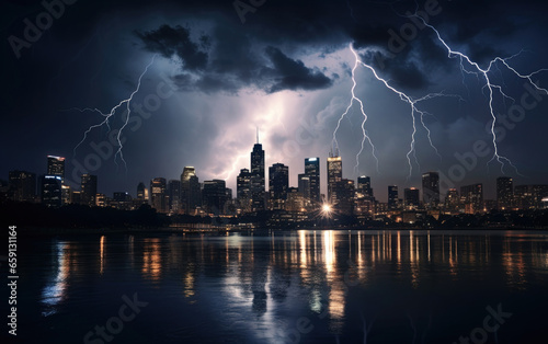 Night view of a thunder storm over a city at night with lightning strikes reaching the skyscrapers on the skyline. Stormy weather and thunderstorm on urban environment.