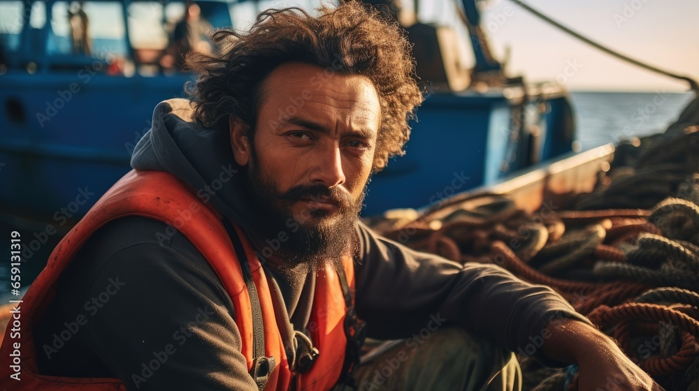 Man working in boat fisher, Seafood industry.