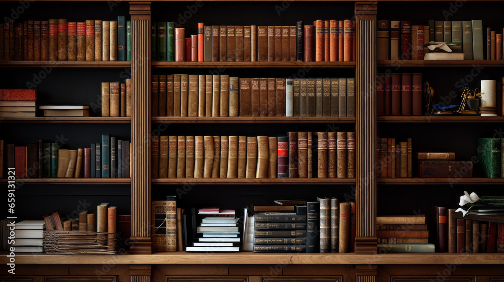 A wooden bookshelf with multiple shelves and a row of books A wooden bookshelf with multiple shelves and a row of books