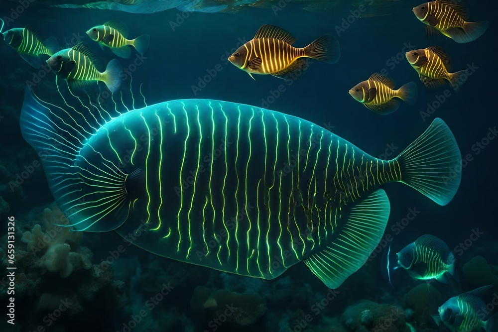 The deep-sea environment where bioluminescent organisms emit a mesmerizing glow - AI Generative The deep-sea environment where bioluminescent organisms emit a mesmerizing glow - AI Generative