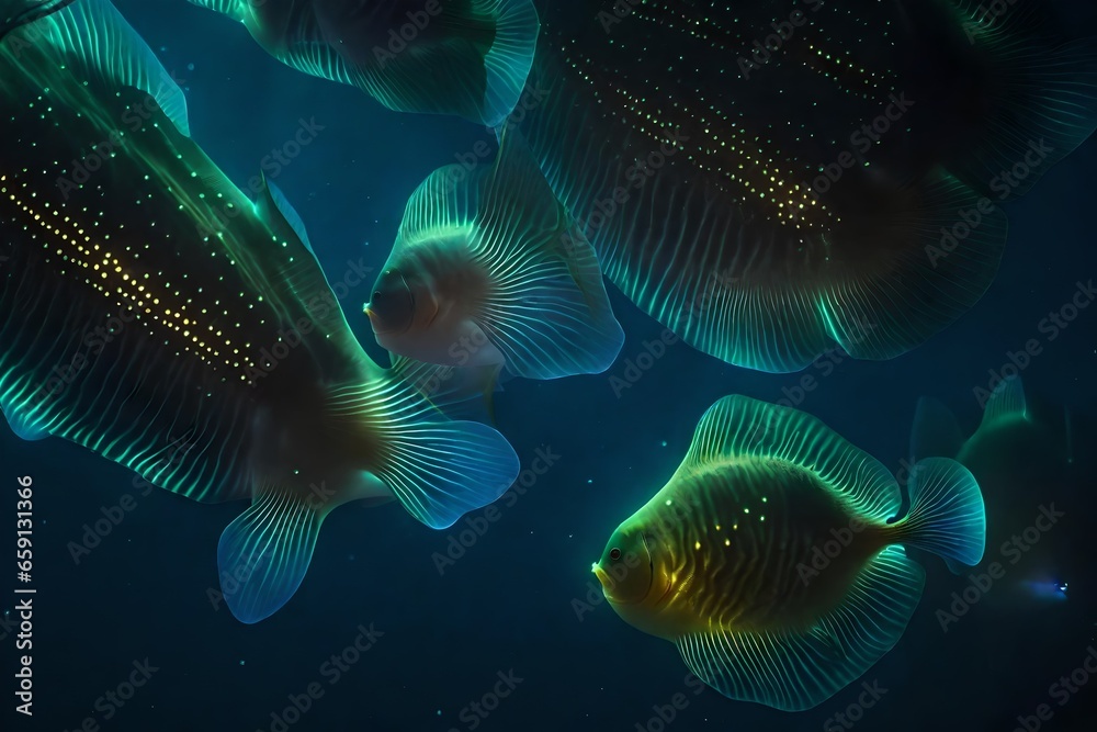 Obraz premium The deep-sea environment where bioluminescent organisms emit a mesmerizing glow - AI Generative