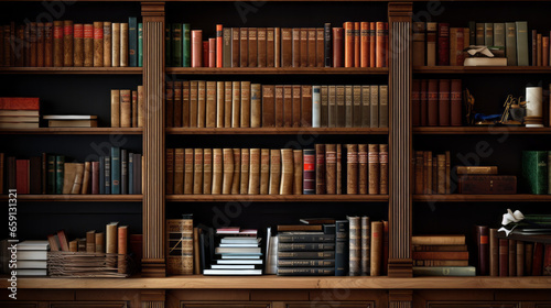 A wooden bookshelf with multiple shelves and a row of books