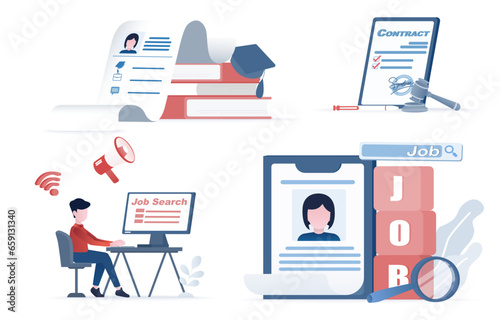 Job collection set. Job recruitment process, interview, job search, resume, job experience, skill, opportunity, contract agreement. Flat vector design illustration.