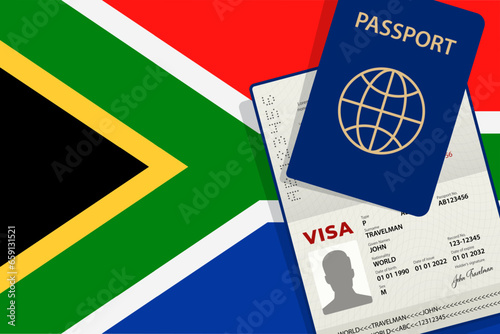 Visa to South Africa and Passport. RSA Flag Background. Vector illustration