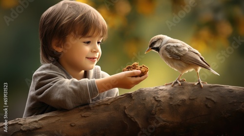 compassion and care of a young kid as he feeds birds, creating lasting childhood memories and a love for wildlife photo