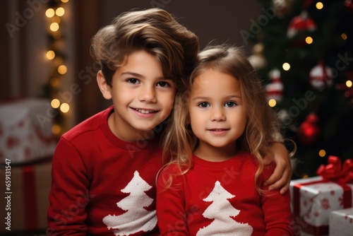 Two cute kids boy and girl in red sweatshirts on blurry Christmas background. © Maria Tatic