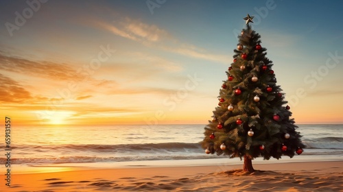 Christmas Tree on a beautiful sandy beach. Generated with ai.