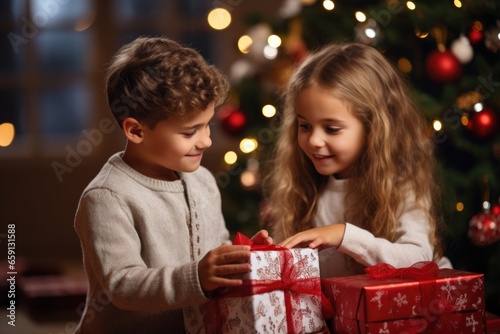 Two cute kids boy and girl with Christmas present box on blurry Christmas background.