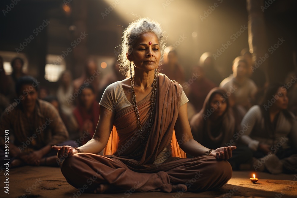 indian woman meditating in a temple full of women - obrazy, fototapety, plakaty 
