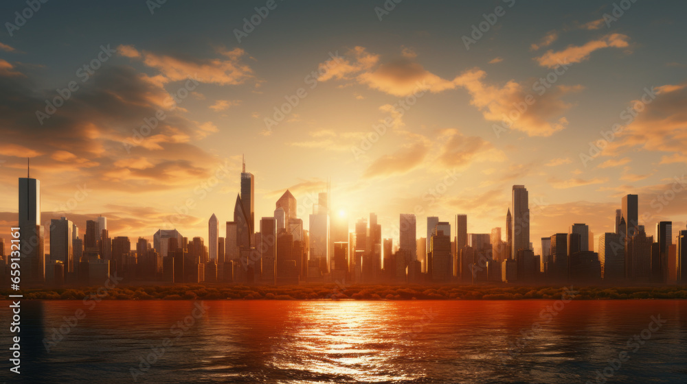 A wide shot of a city skyline, with tall buildings and a setting sun