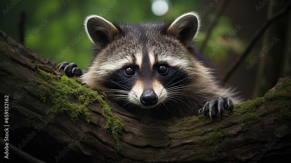  a raccoon is peeking out from a tree branch.  generative ai