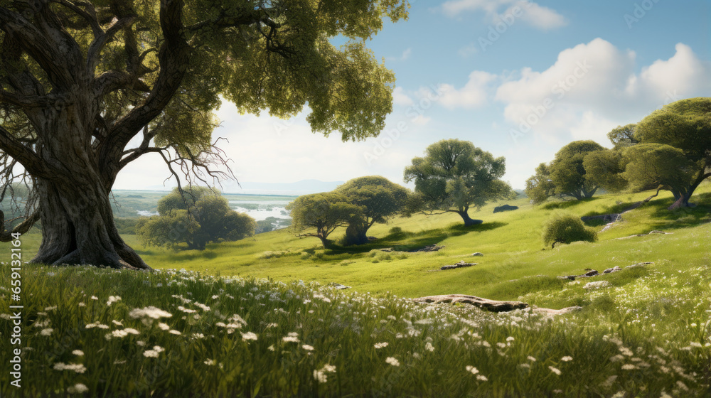 A wide shot of a green meadow, with wildflowers and trees in the background A wide shot of a green meadow, with wildflowers and trees in the background