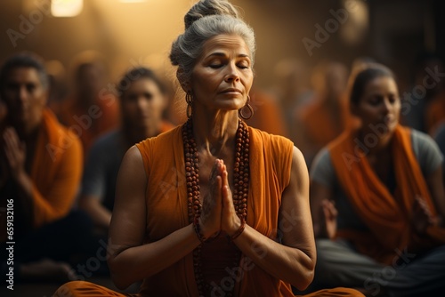 hindu woman meditating in a temple full of women