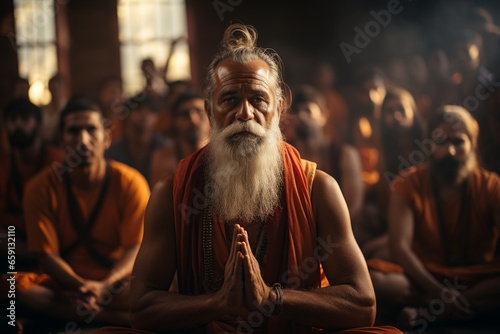 guru meditating in a room arround his pupils