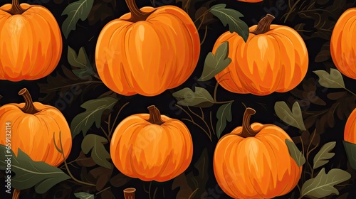  a bunch of pumpkins with leaves on a black background.  generative ai