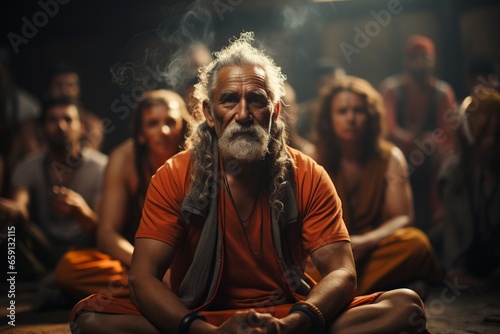 old guru listening to a spiritual talk in a crowded room sitting in the floor photo