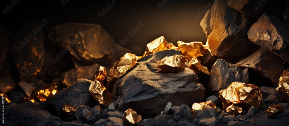 Dark background pure gold ore discovered in mine