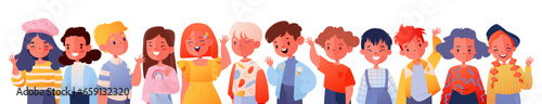 Set of children avatars. Set of various smiling faces of boys and girls with different hairstyles waving hands greeting the viewer. Color flat vector illustration isolated on white background