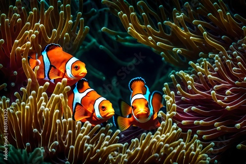 A pair of clownfish nestled within the protective tendrils of a sea anemone - AI Generative