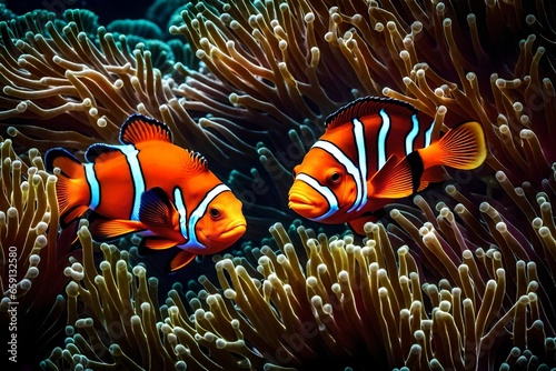 A pair of clownfish nestled within the protective tendrils of a sea anemone - AI Generative