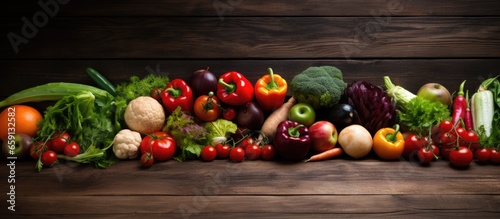 Fototapeta Naklejka Na Ścianę i Meble -  Studio photography of various fruits and vegetables on a wooden table in a health food setting