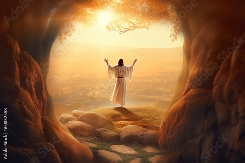 illustration resurrected jesus christ coming out of his tomb at dawn