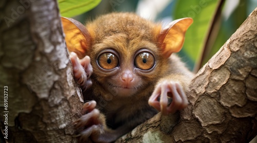  a small brown animal with big eyes sitting in a tree.  generative ai © Olga