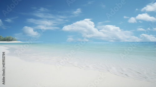 A wide shot of a beach, with white sand and crystal clear waters