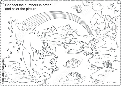 Wallpaper Mural A logic game for children with cartoon characters
(owl, deer, fish, butterfly), forest, lake, rainbow. 
Connect the dots with the numbers
in order and color the picture. Vector illustration. Torontodigital.ca