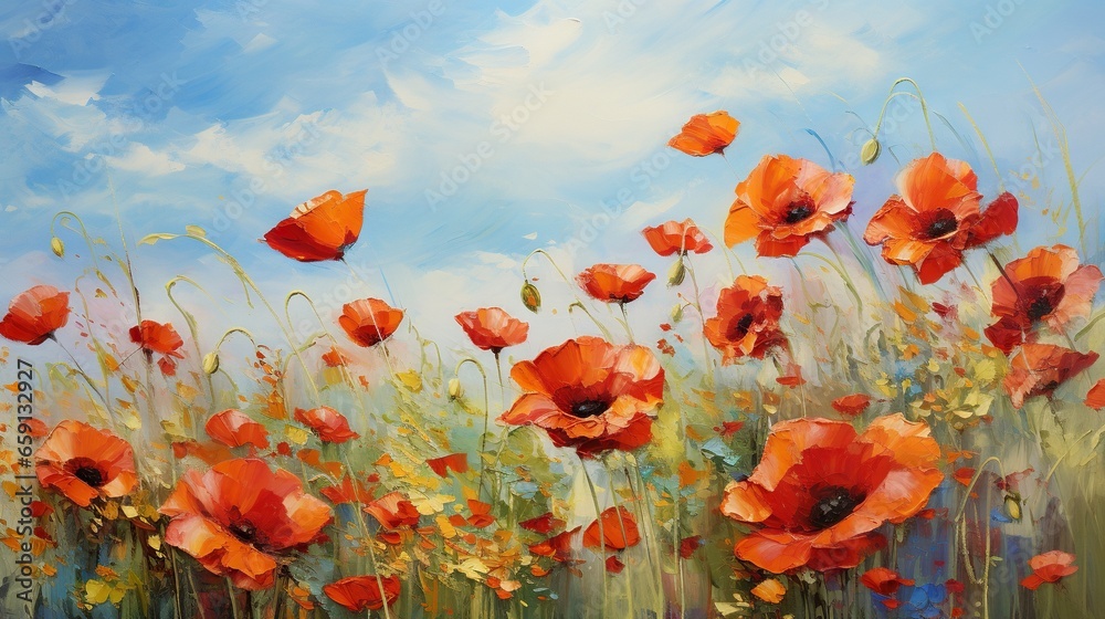 Obraz premium a painting of a field full of red poppies on a sunny day. generative ai