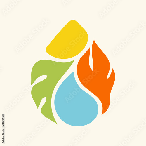 Drop logo template with elements of nature. Elegant vector logotype or icon with water, fire, leaf and sun