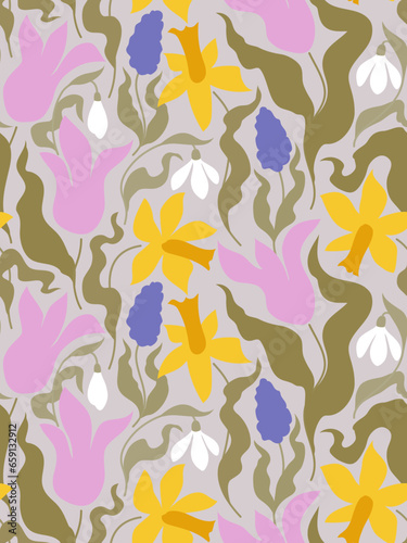 Seamless pattern of elegant flowers like tulip, daffodil, snowdrop and grape hyacinth. Pastel color vector design with spring blooms plants for greeting card, invitation or wallpaper