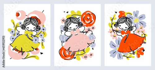 Cute forest fairy flying in pretty dress surrounded by flowers and leaves. Hand drawn cartoon of little girl with wings. Vector design for kids wear or baby shower invitation card. Editable stroke