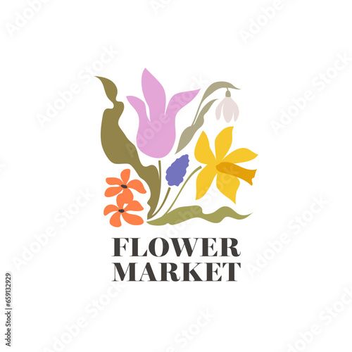 Vector logo design template of spring flowers like tulip, daffodil, snowdrop, primrose and grape hyacinth. Elegant simple style emblem for flower market or florist shop