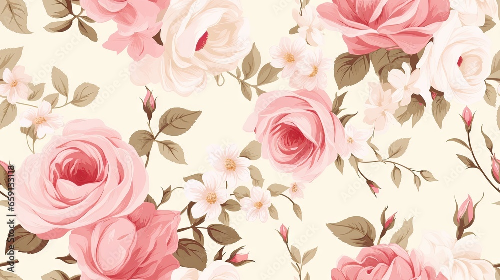  a floral pattern with pink roses on a cream background with green leaves.  generative ai