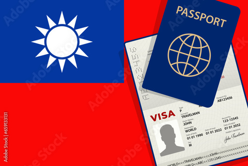 Visa to Taiwan Passport. Republic of China Flag Background. Vector illustration