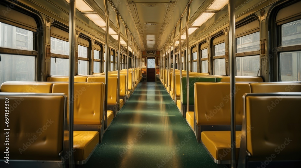 tranquil interior of an empty train carriage, a peaceful ride on public transit tranquil interior of an empty train carriage, a peaceful ride on public transit