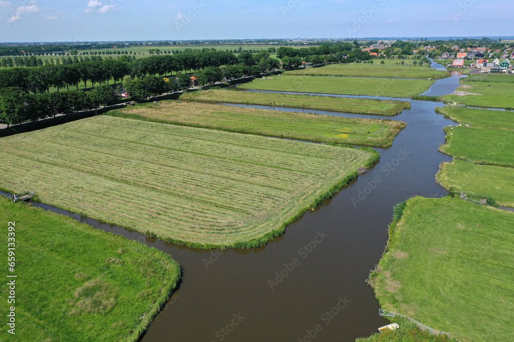 Aerial view of over Historic Dutch Waterland landscape in June,Polder de hobrederkoog near Oosthuizen , Hobrede The Netherlands